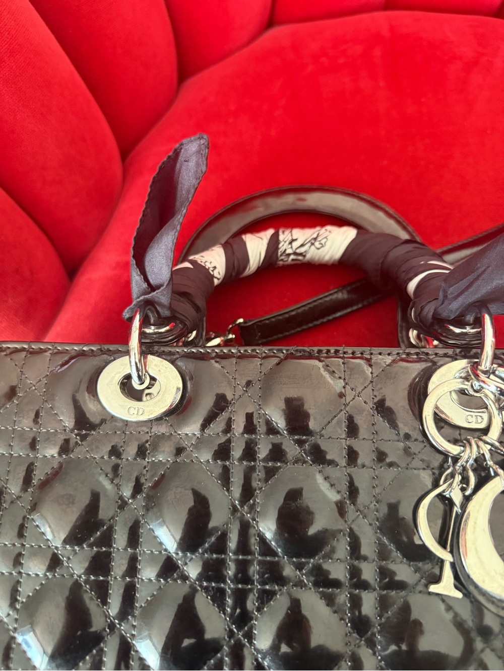 Dior Black Quilted Patent Leather Lady Dior Tote with Silver Hardware - Picture 13 of 16